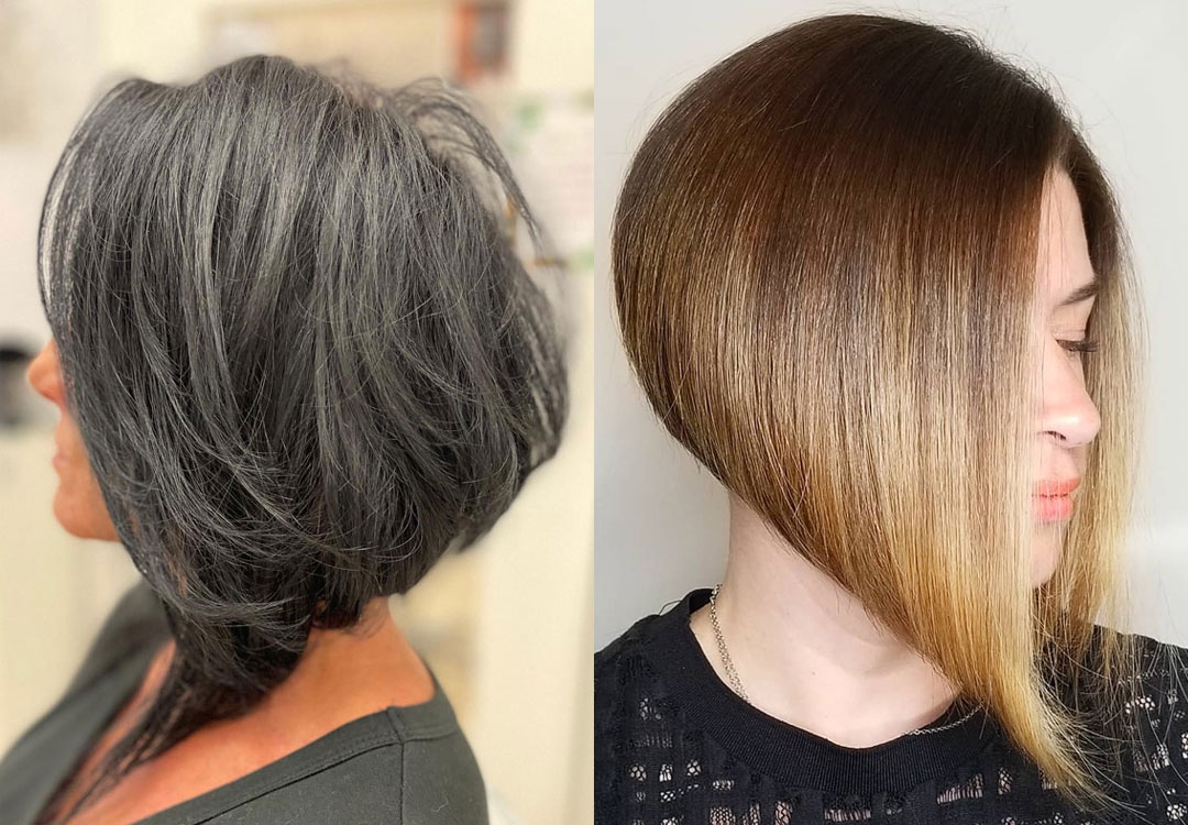Sleek Inverted Bob, Layered Bang Inverted Bob, Layered Inverted Bob, umgekehrter Bob, umgekehrter Bob -Haarschnitt, umgekehrte Bob -Haarschnitte
