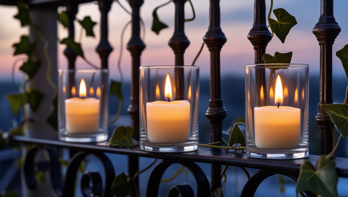 Elfenbeinfarbene Votivkerzen brennen hell in Glashaltern, die elegant auf einem Eisenbalkon angeordnet sind