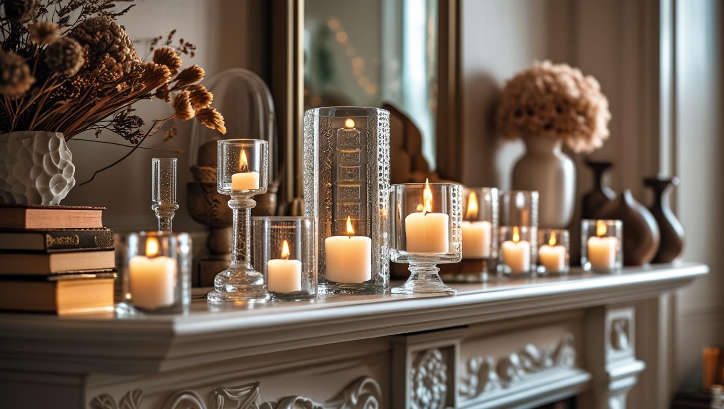 Jar -Kerzenhalter, die auf einem Kaminsims arrangiert sind