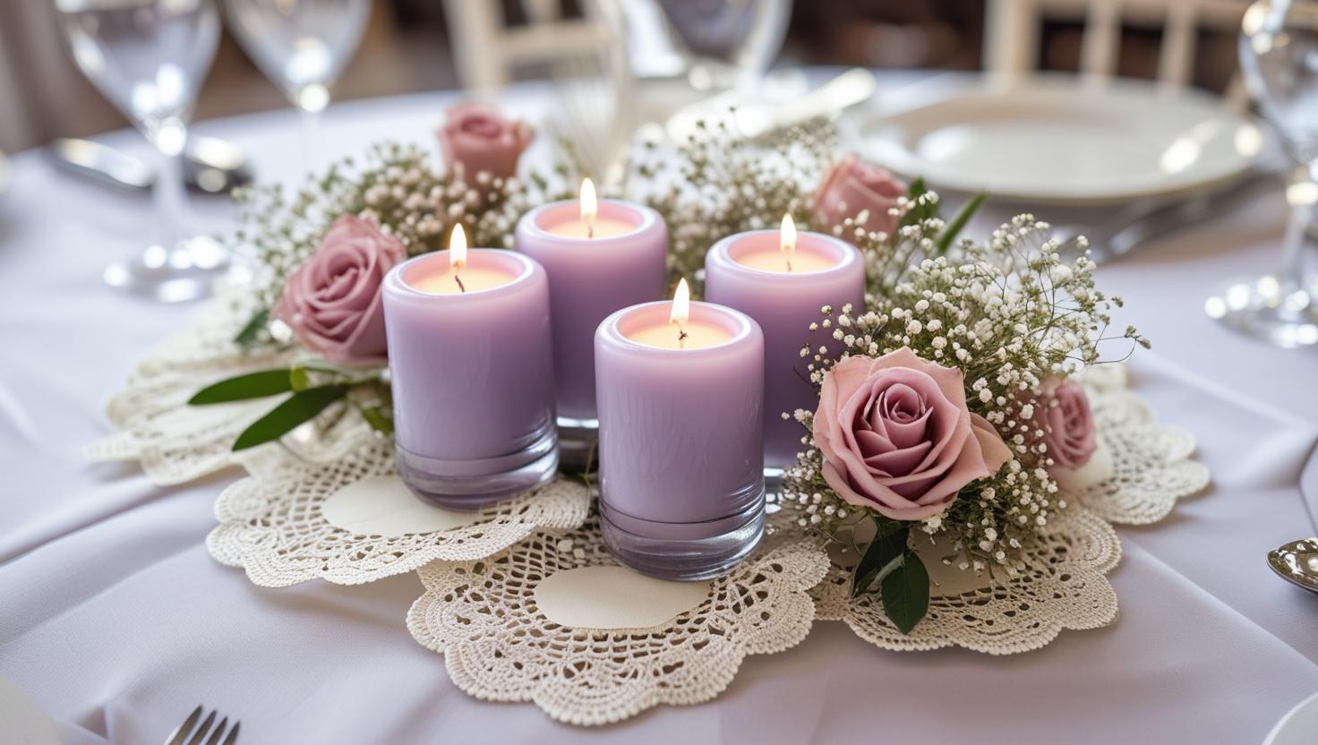 Lavendel-duftende Kerzen mit Blumen für Hochzeitstischdekoration