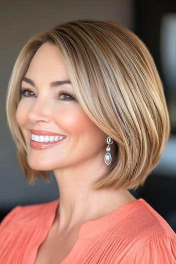 Layered Bob mit Highlights Haarschnitt auf einer lächelnden Frau mit braunen Haaren und blonden Highlights, Seitenansicht.