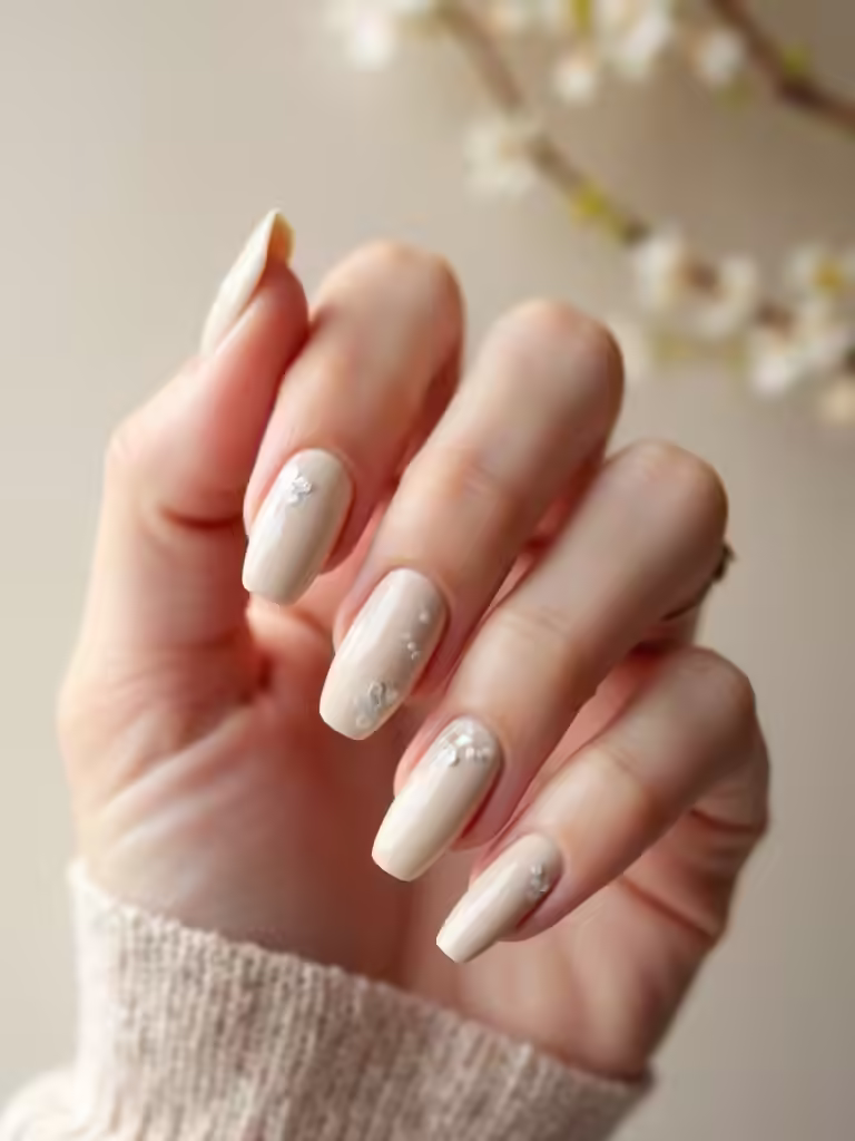 Leinenbeige Nägel mit Blüten