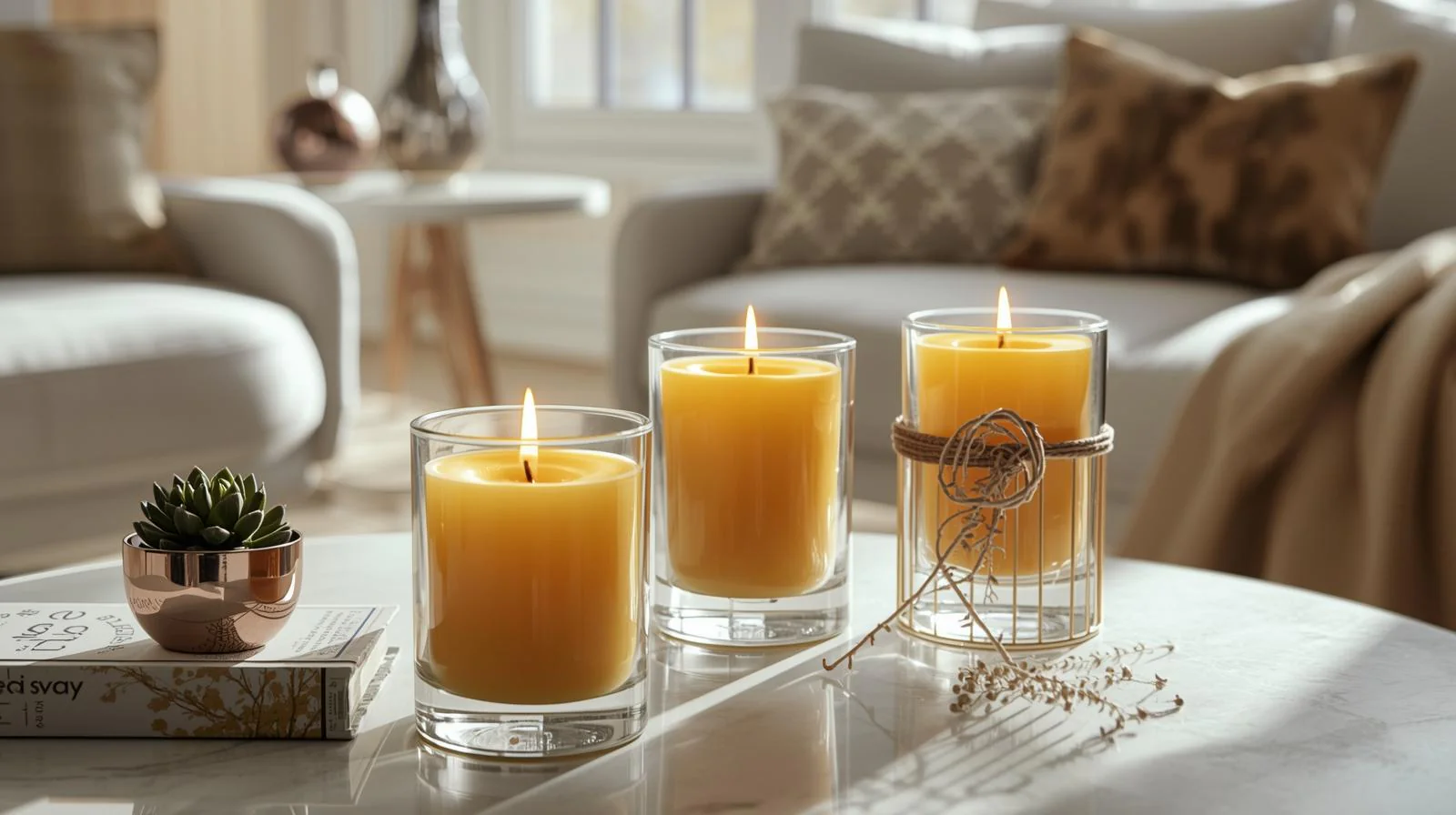 Wohnzimmer-Dekorationsideen mit Bienenwachs-Votivkerzen