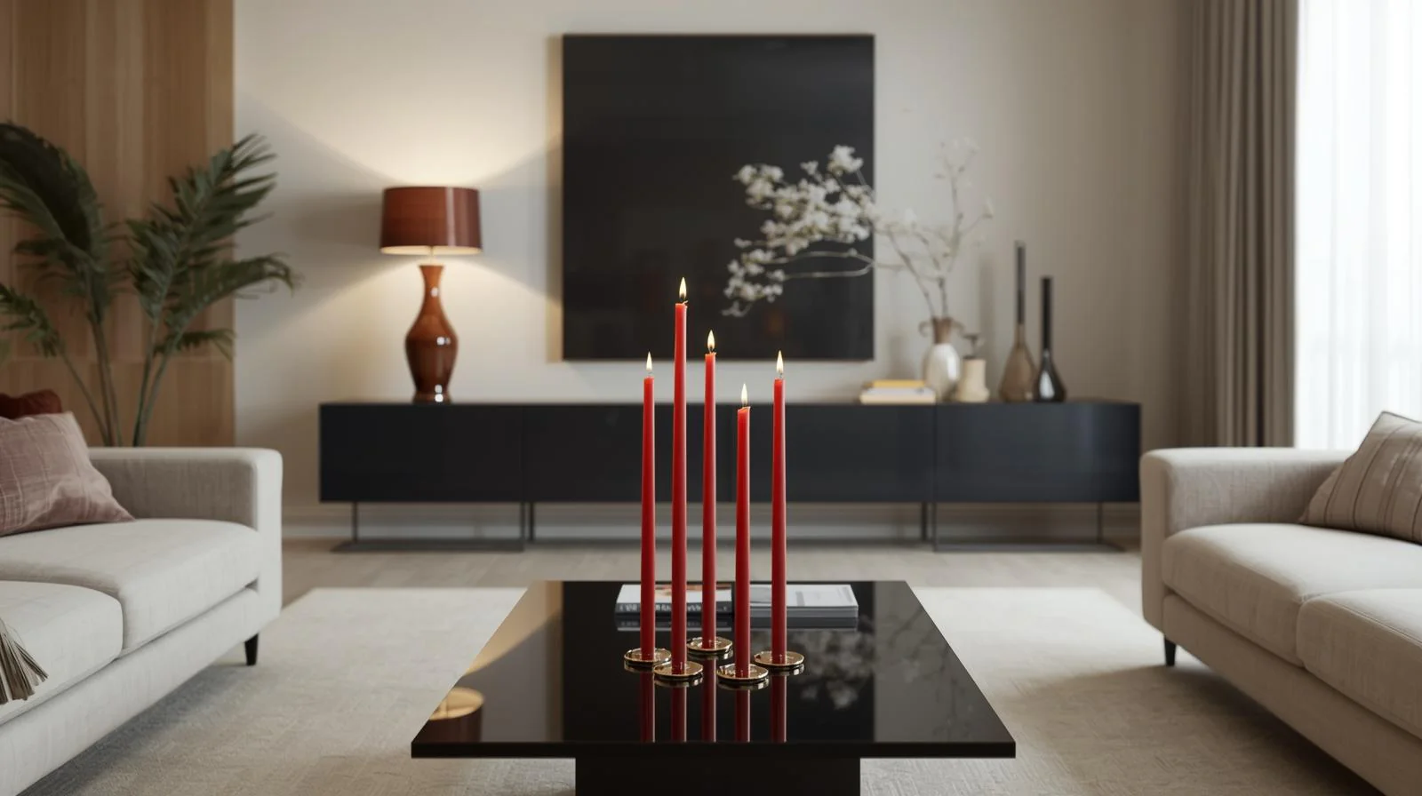 Wohnzimmerdekoration mit roten Kerzen