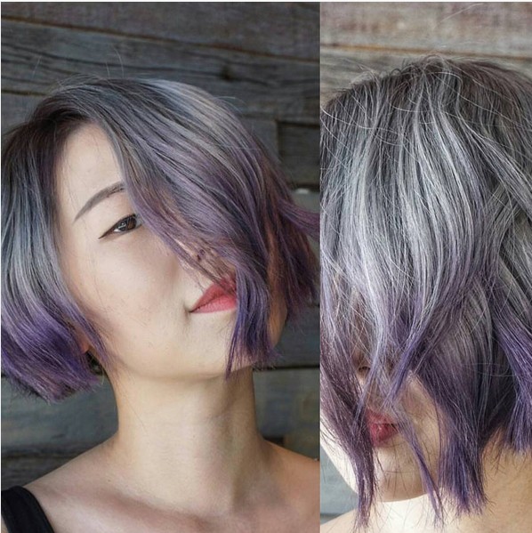 LOB -Frisuren mit grau bis lila Haarfarbe - kurze Balayage -Frisuren für dicke Haare