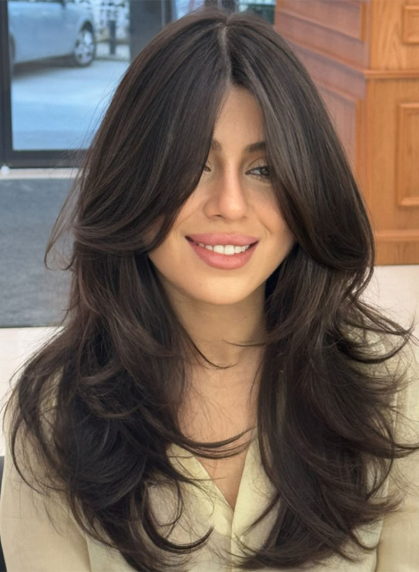 Lange Schichten mit Vorhang-Pony und Gesichtsumrahmung für glattes Haar