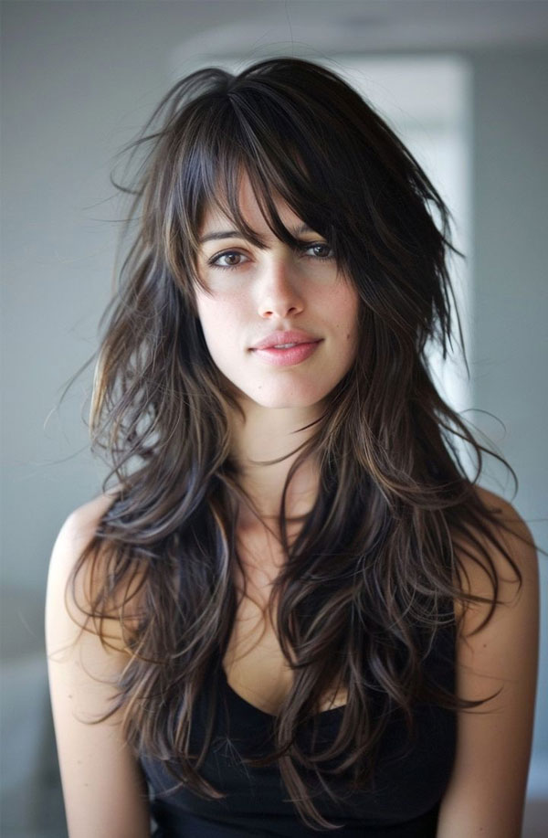 langer zotteliger Haarschnitt mit Pony, zotteligen Haarschnitt mit Pony, langer Shag -Haarschnitt, zotteliger Haarschnitt mit Fransen