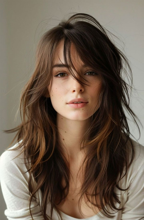 langer zotteliger Haarschnitt mit Pony, zotteligen Haarschnitt mit Pony, langer Shag -Haarschnitt, zotteliger Haarschnitt mit Fransen