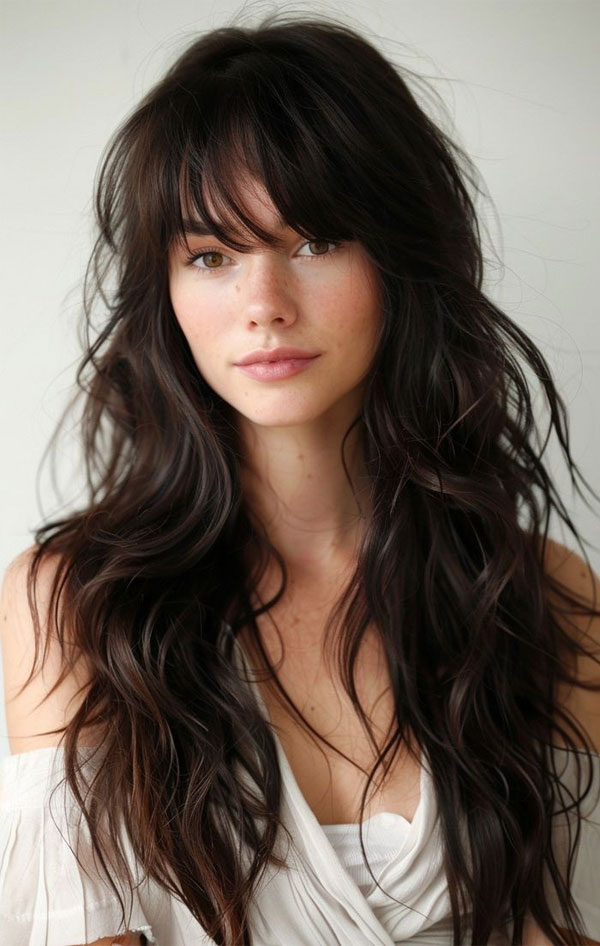 langer zotteliger Haarschnitt mit Pony, zotteligen Haarschnitt mit Pony, langer Shag -Haarschnitt, zotteliger Haarschnitt mit Fransen