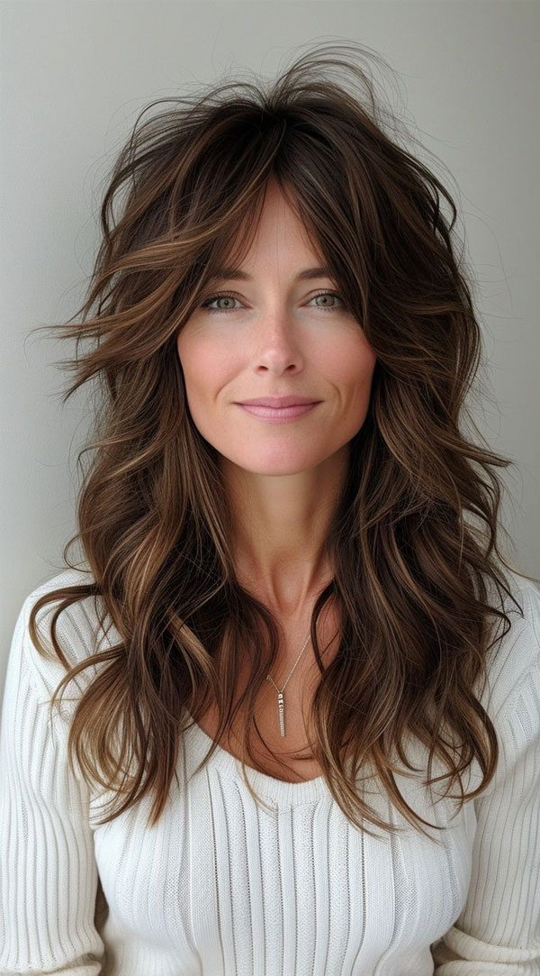 langer zotteliger Haarschnitt mit Pony, zotteligen Haarschnitt mit Pony, langer Shag -Haarschnitt, zotteliger Haarschnitt mit Fransen