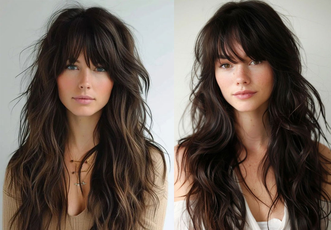 langer zotteliger Haarschnitt mit Pony, zotteligen Haarschnitt mit Pony, langer Shag -Haarschnitt, zotteliger Haarschnitt mit Fransen