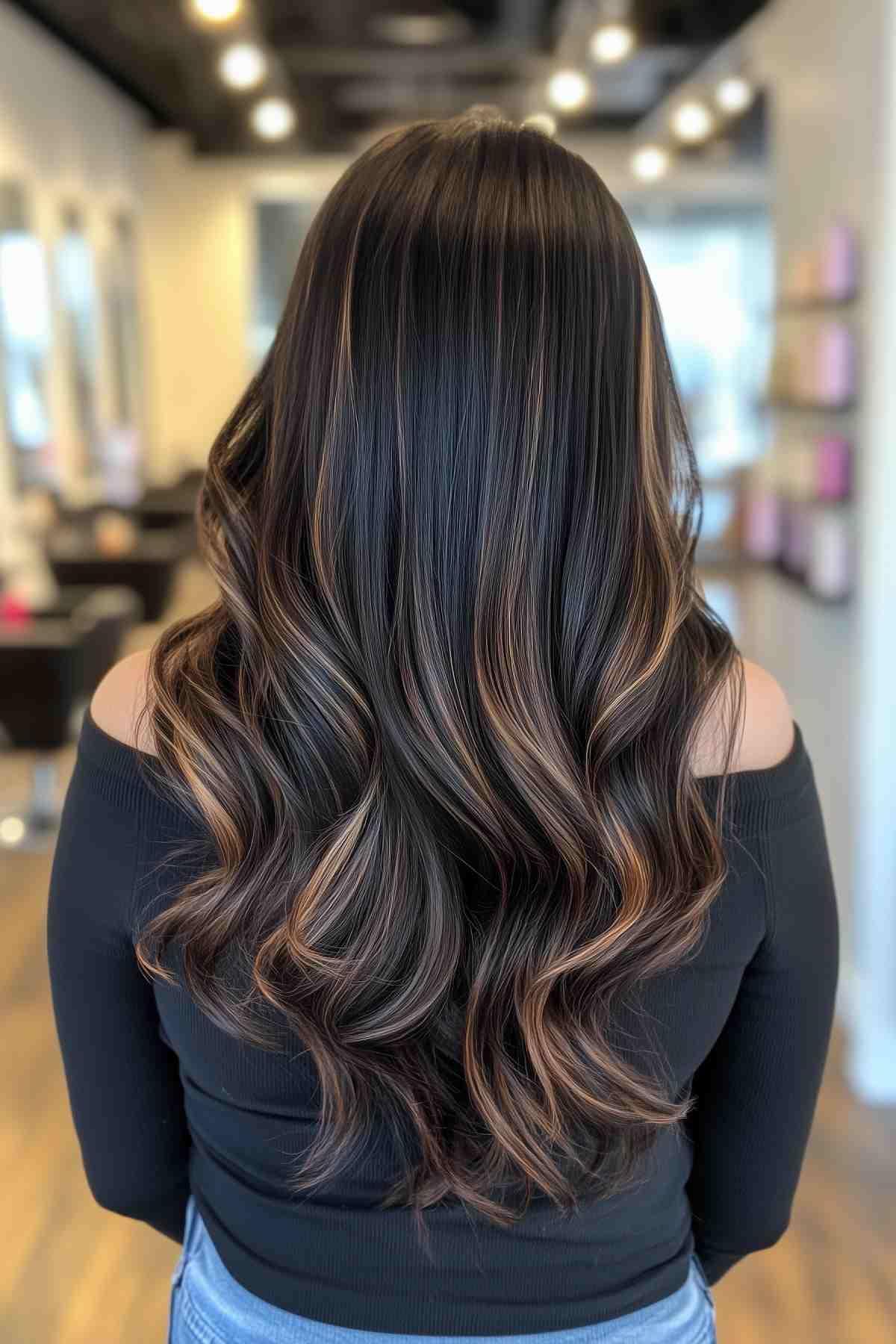 Wartungsarmes schwarzes Haar mit warmem Karamellbalayage