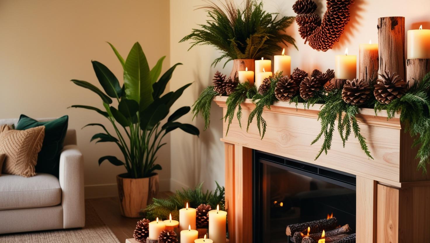 Mantel Dekorationsideen mit natürlichen Elementen und Säulenkerzen