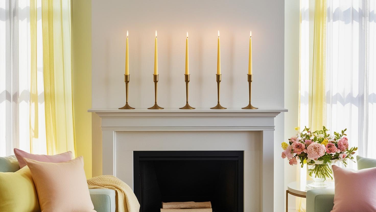 Manteldekoration mit Kerzen in Kerzenhaltern