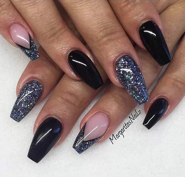 22 lustige Möglichkeiten, Ballerina -Nägel zu tragen Schwarzes Glitzer Ballerina Coffin Nageldesign
