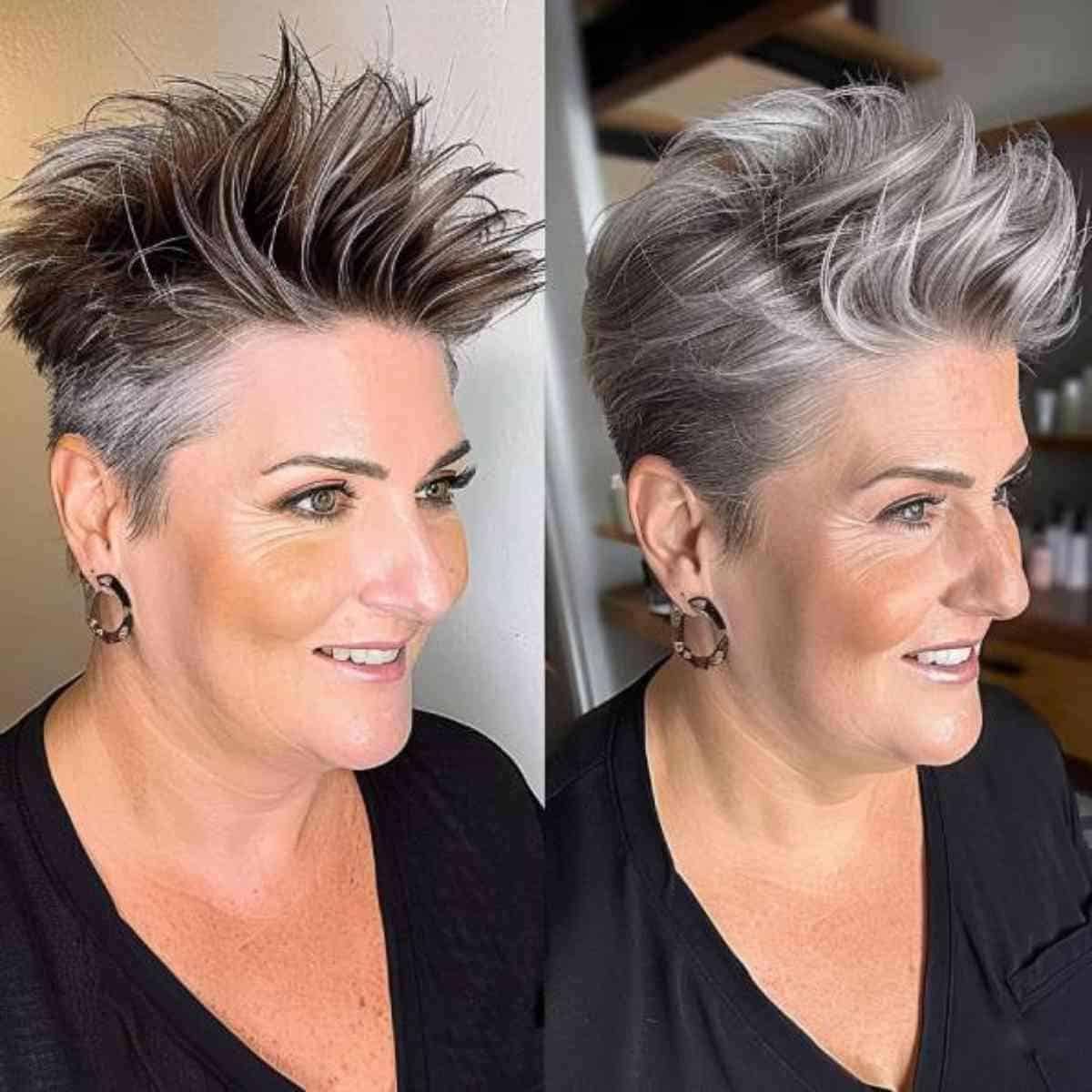Reife Frau mit einem glamourösen strukturierten Pixie -Schnitt mit Silberstreifen für Volumen und Eleganz.