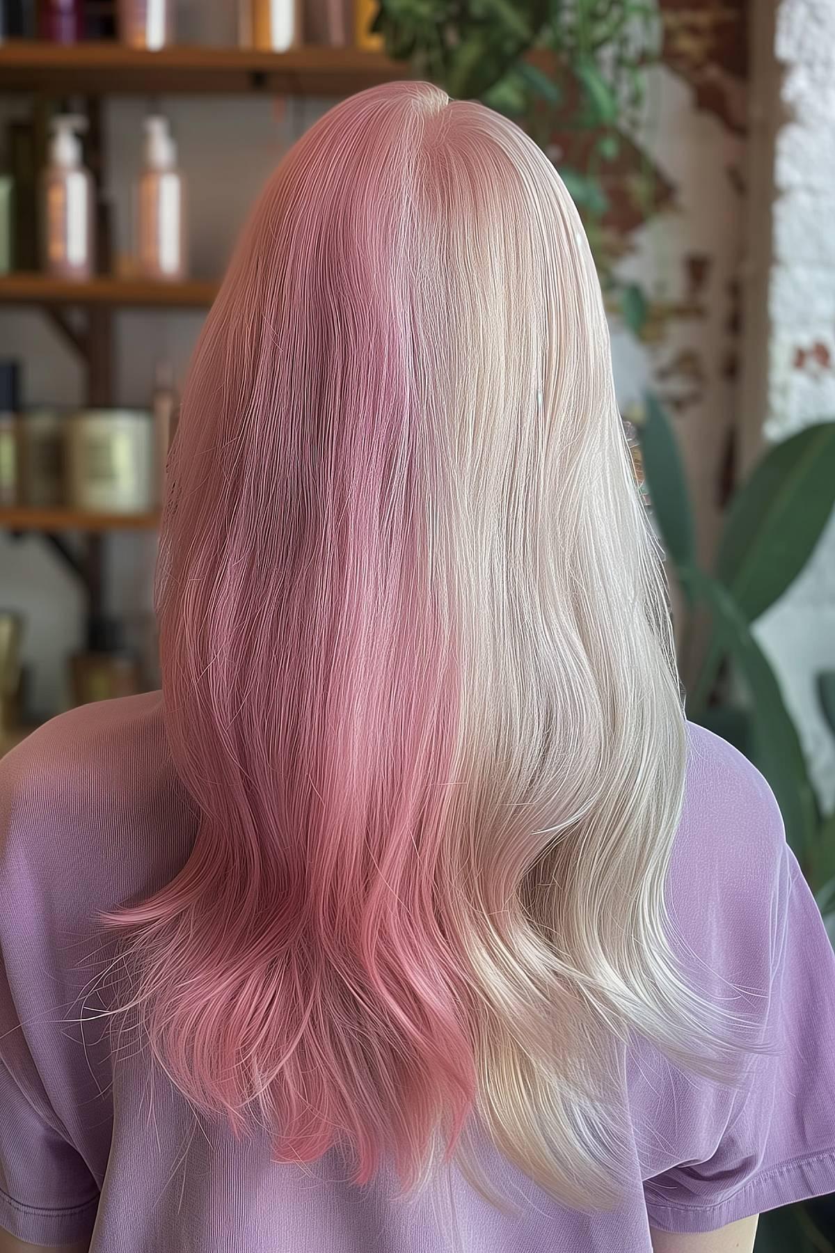 Mittelgroße Haare mit einem weichen Split-Dye in Babyrosa und Blonde, perfekt für einen subtilen Gemini-inspirierten Look.