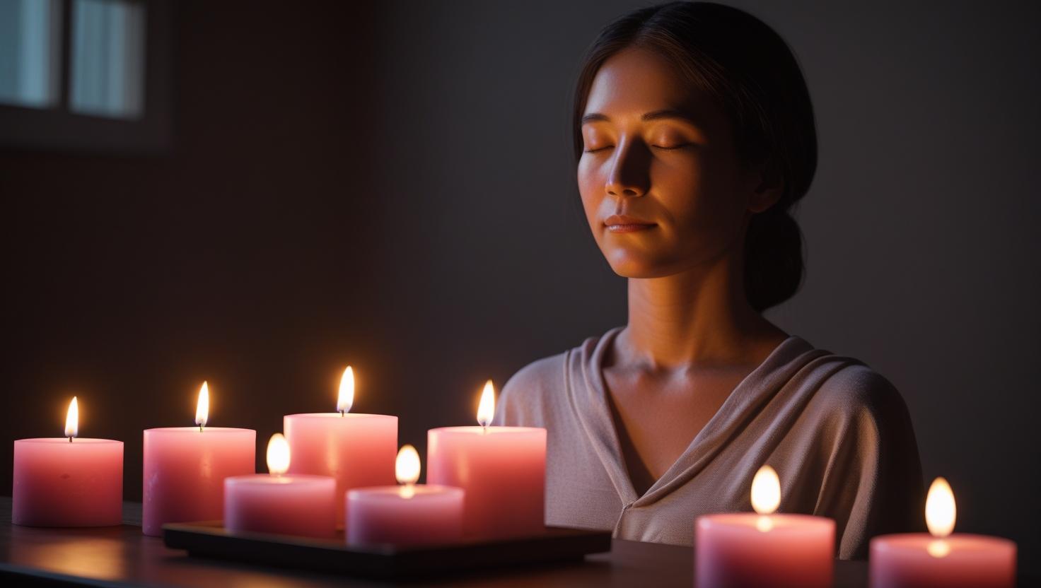 Achtsamkeit mit Kerzen mit rosafarbenem Abgeordneten