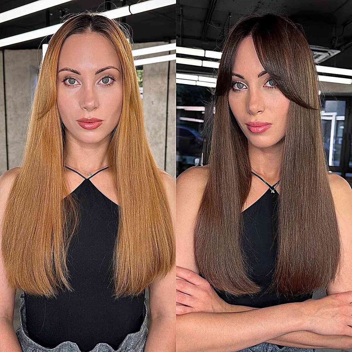 Natürliche dunkle Brünette mit langen Vorhangstücken