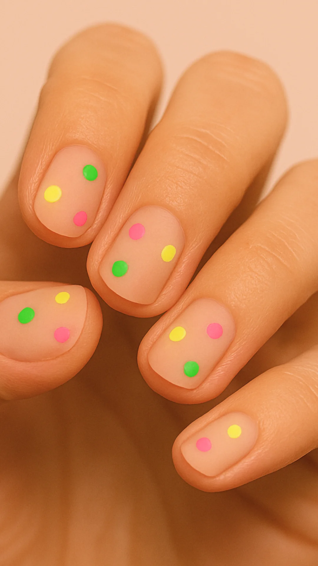 Minimalistische Neon -Punkt -Design auf matte Nacktnägel