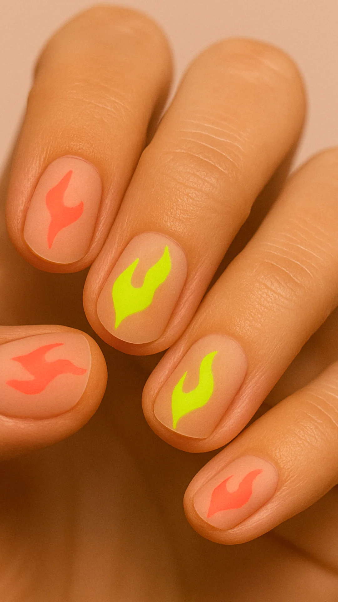 Neonrot und Chartreuse Flame Nail Art auf kurzen nackten Nägeln