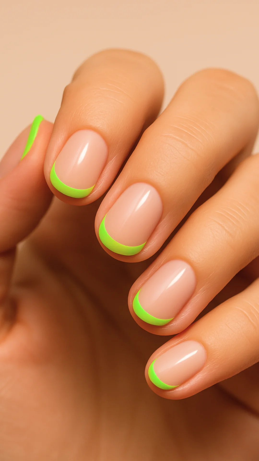 Neongrün französische Tipps auf kurzen Nacknägeln Nahaufnahmeporträt mit weichem Pfirsichhintergrund
