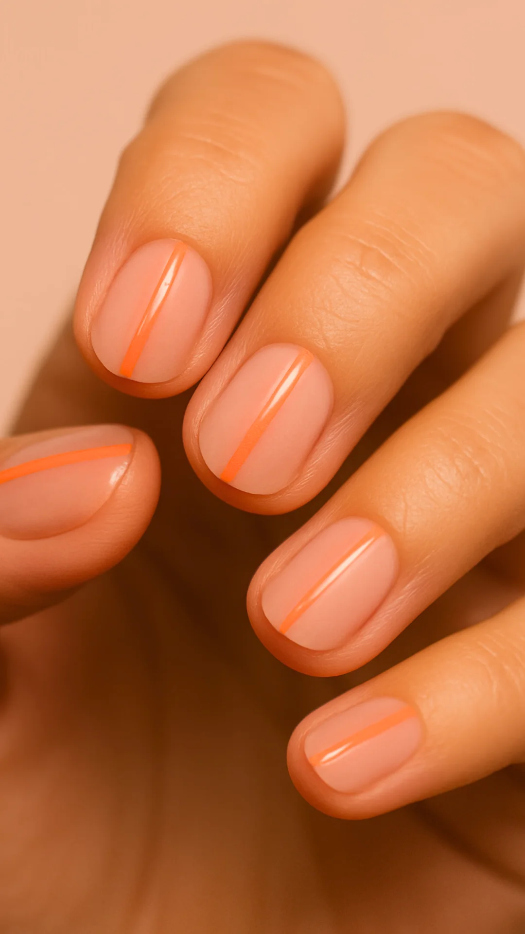 Neonorange negative Weltraumnagelkunst auf kurzen nackten Nägeln