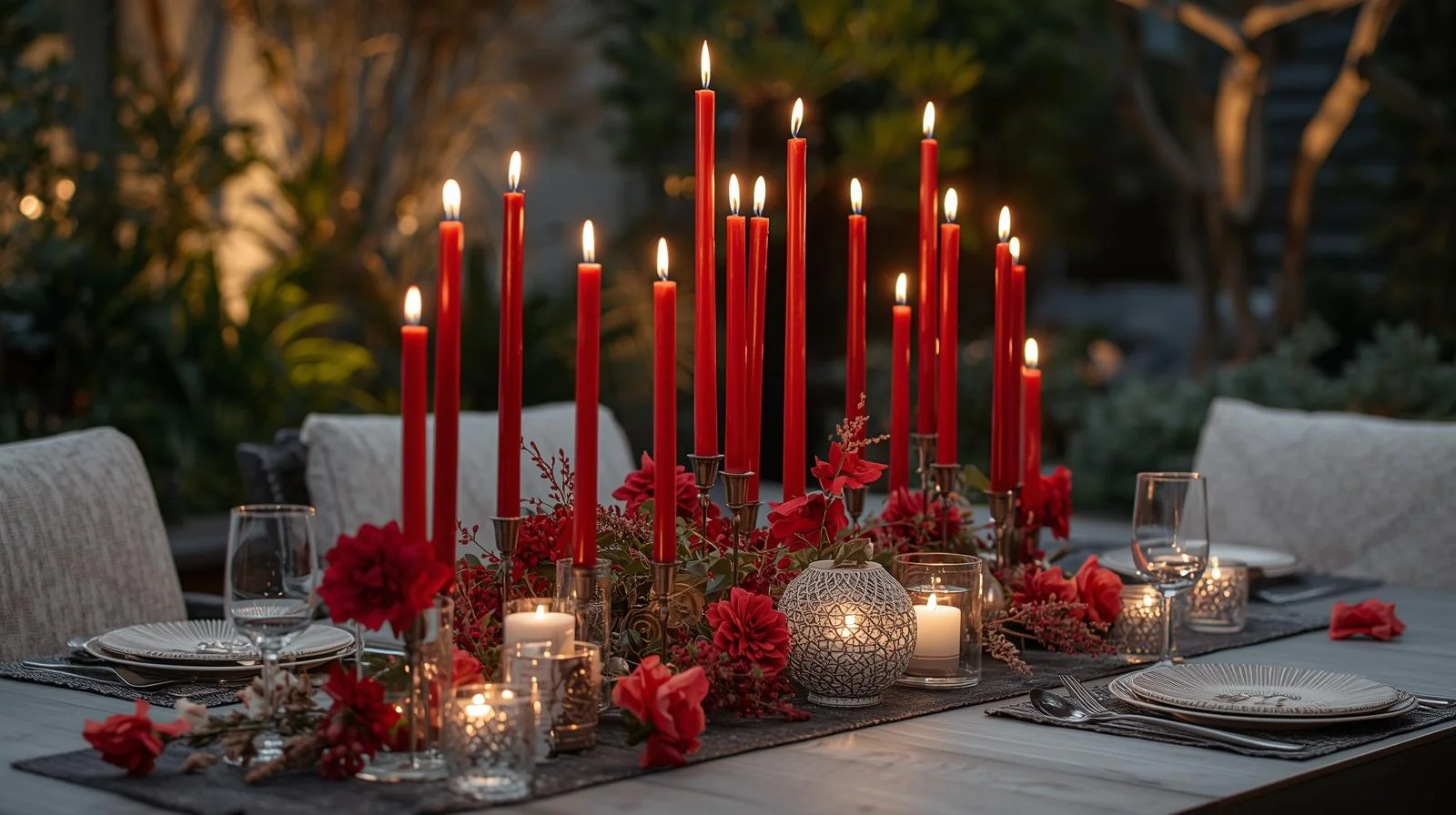 Romantisches Abendessen im Freien mit Stabkerzen