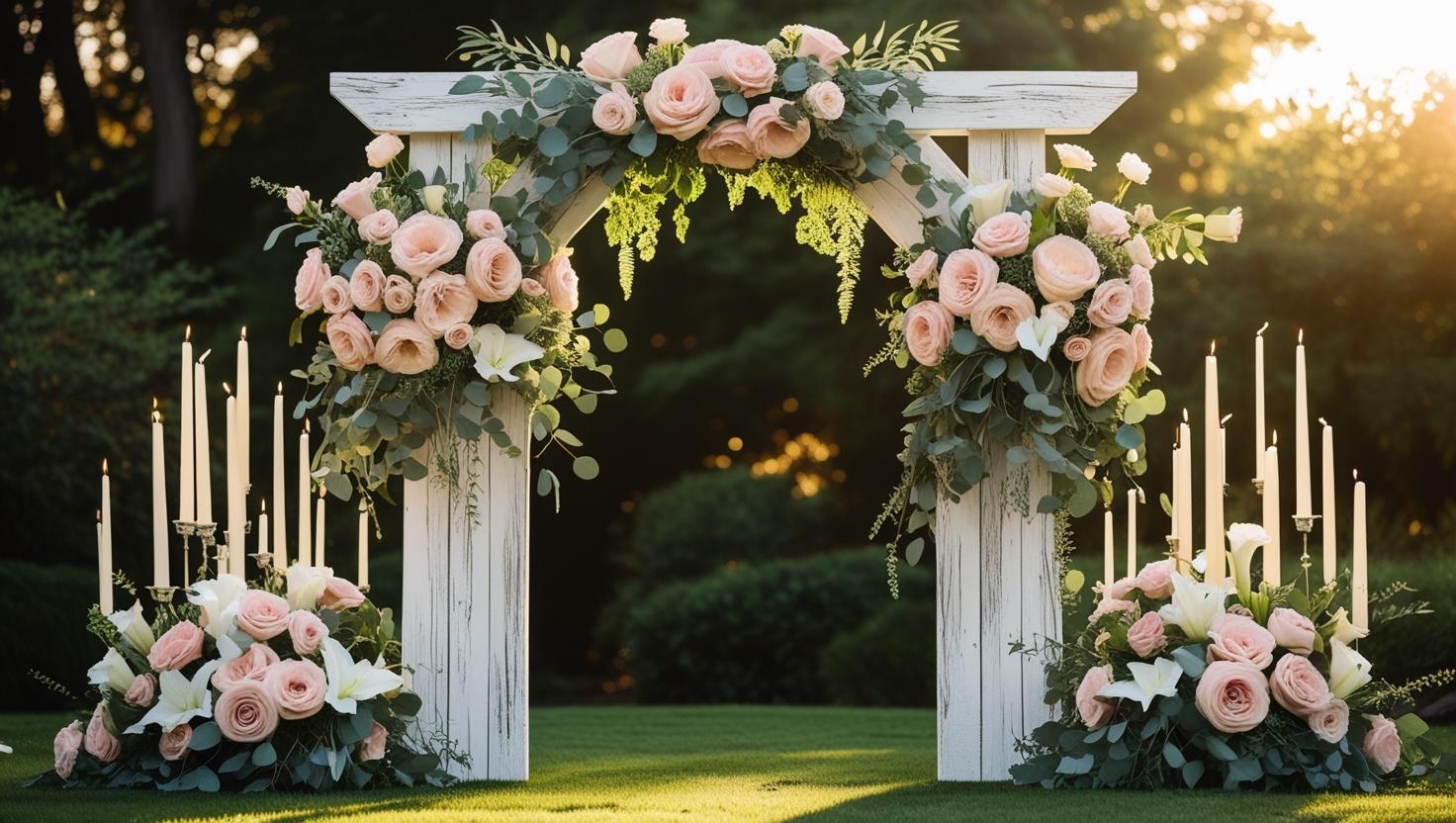 Hochzeitsbogendekoration im Freien mit sich verjüngenden Kerzen und Blumen
