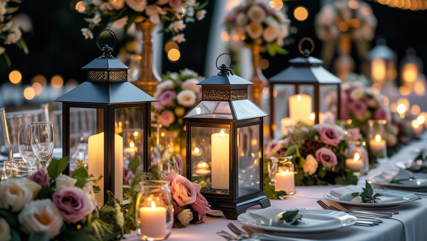 Hochzeitstischdekoration im Freien mit Kerzenlaternen und Blumen