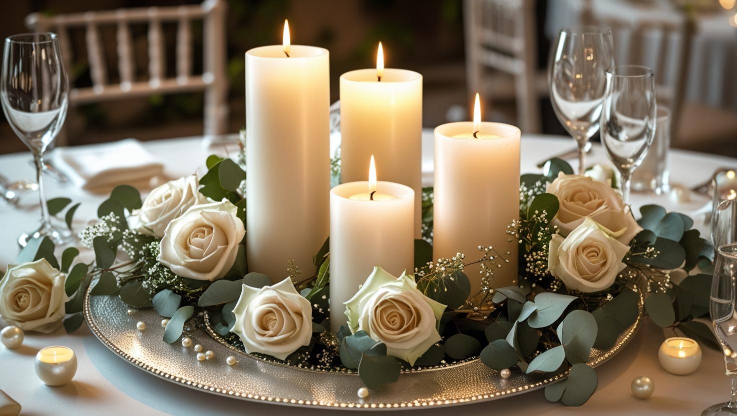 Säulenkerzen und Blumen auf einem Tablett für eine Hochzeitskernstückdekoration