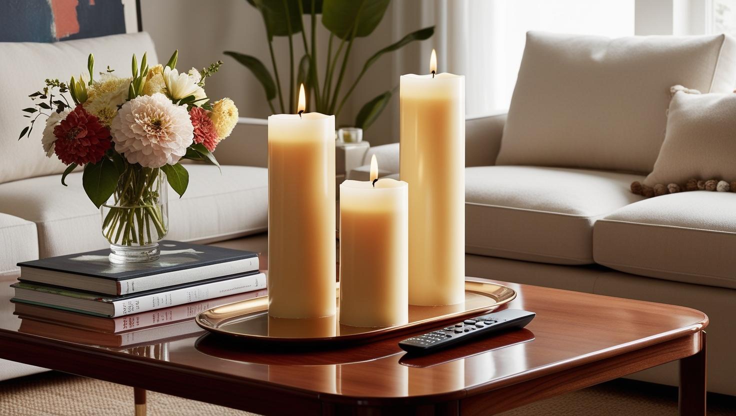 Säulenkerzen auf einem Tablett und Blumen für Wohnzimmerdekoration