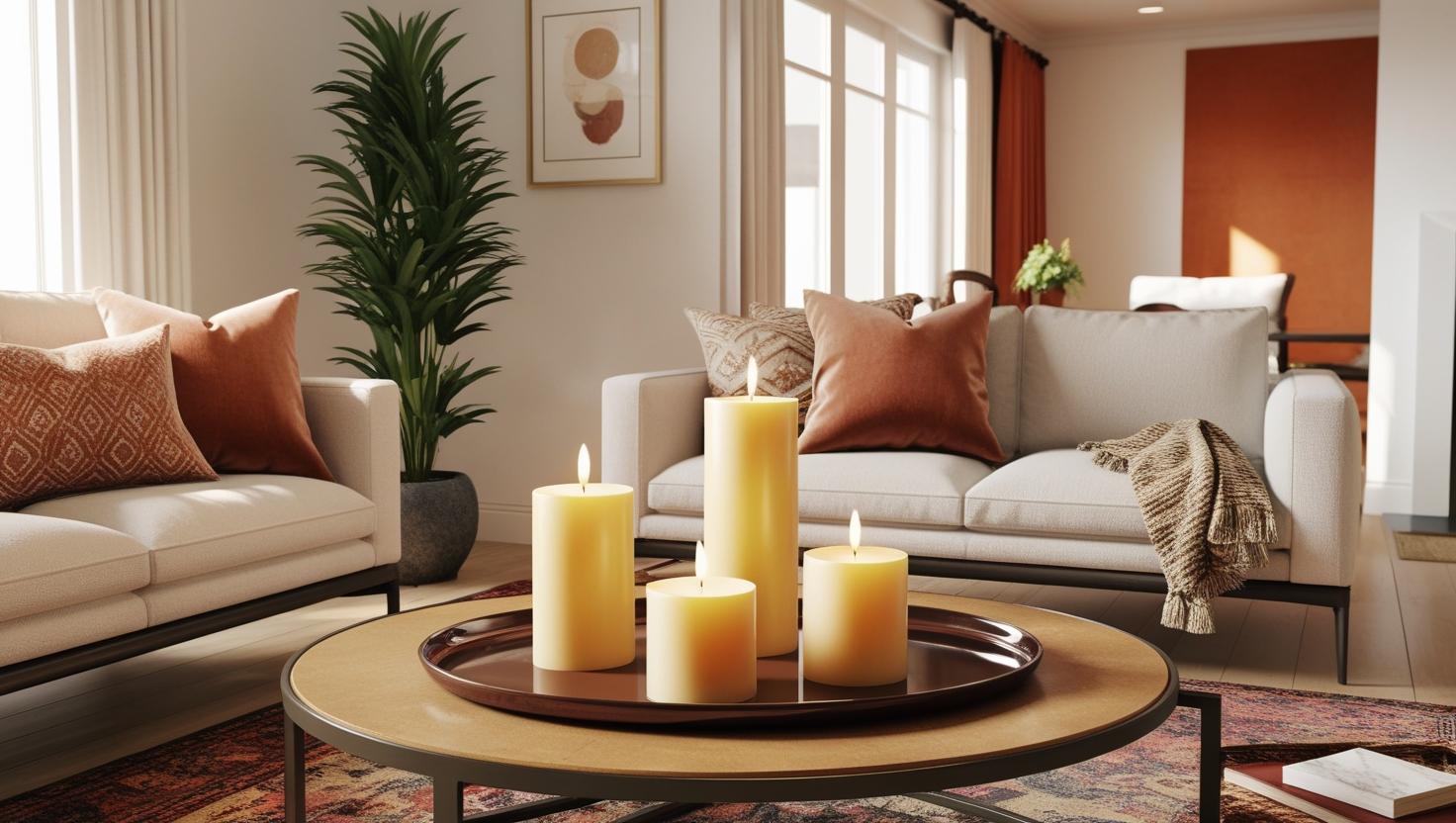 Säulenkerzen auf einem Tablett für Innenarchitektur