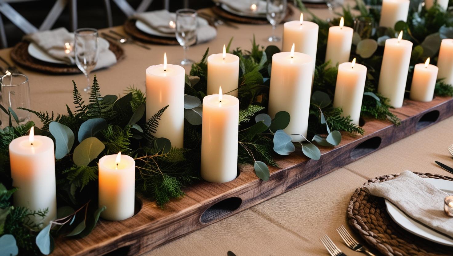 Säulenkerzen auf Holzschale für rustikale Hochzeitsdekoration