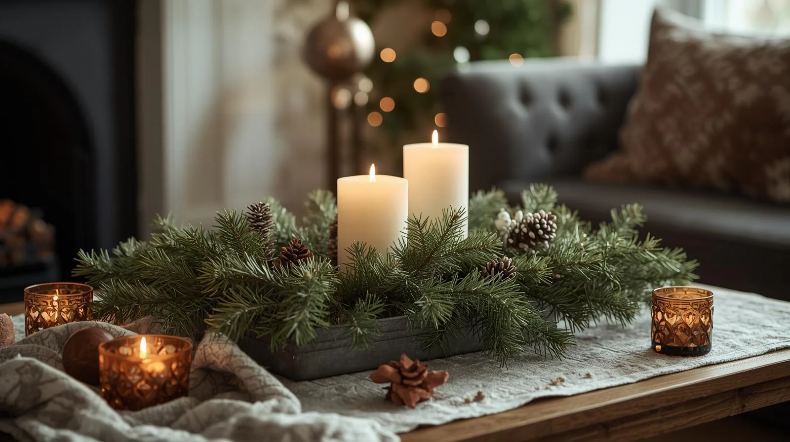 Stumpenkerzen mit Pinienduft und Tannenzweigen auf einem Holztablett