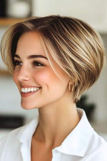 Pixie Bob mit weichen Schichten Haarschnitt auf einer lächelnden Frau mit braunen Haaren und blonden Highlights, Seitenansicht.