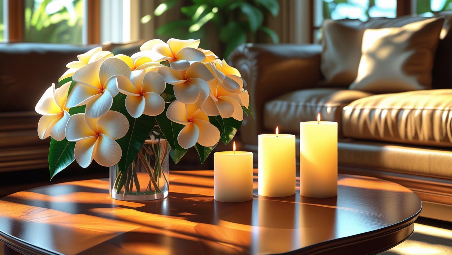 mit Plumerien duftende Kerzen für Wohnzimmerdekoration