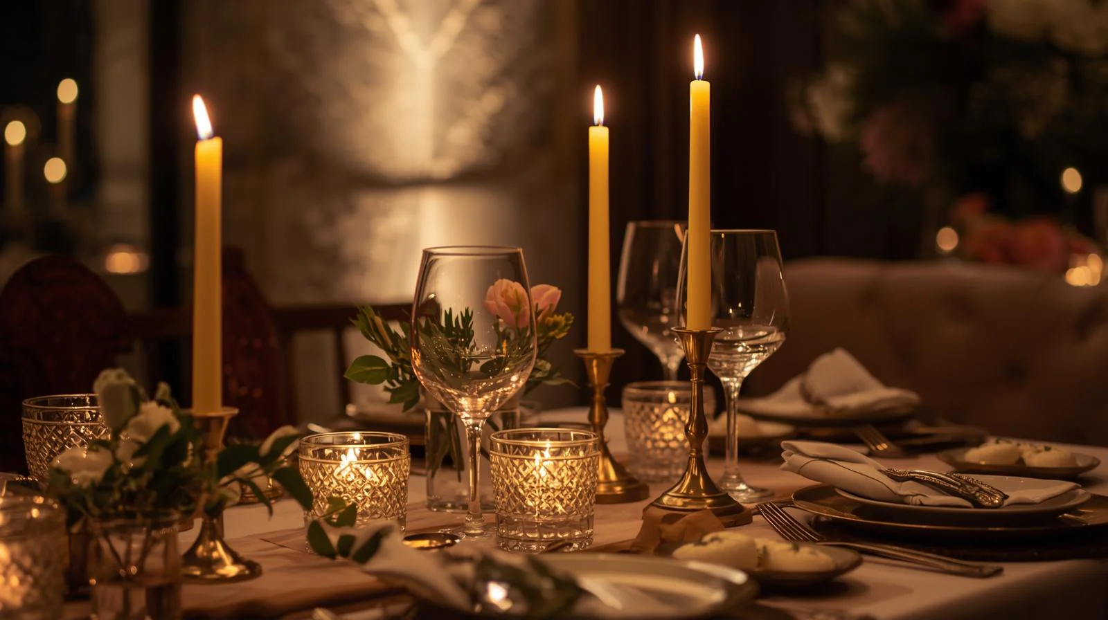 Romantischer Esstisch bei Kerzenschein, geschmückt mit Kerzen aus Bienenwachs
