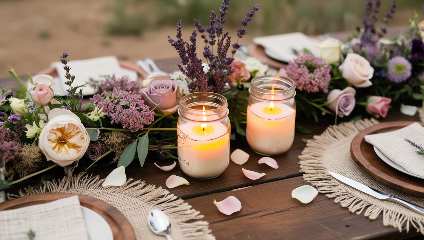 rustikale Hochzeitsmittelstücke mit Glaskerzen