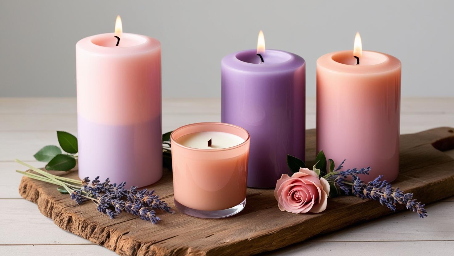 Duft Kerzen auf einem Holzschale zum Muttertag