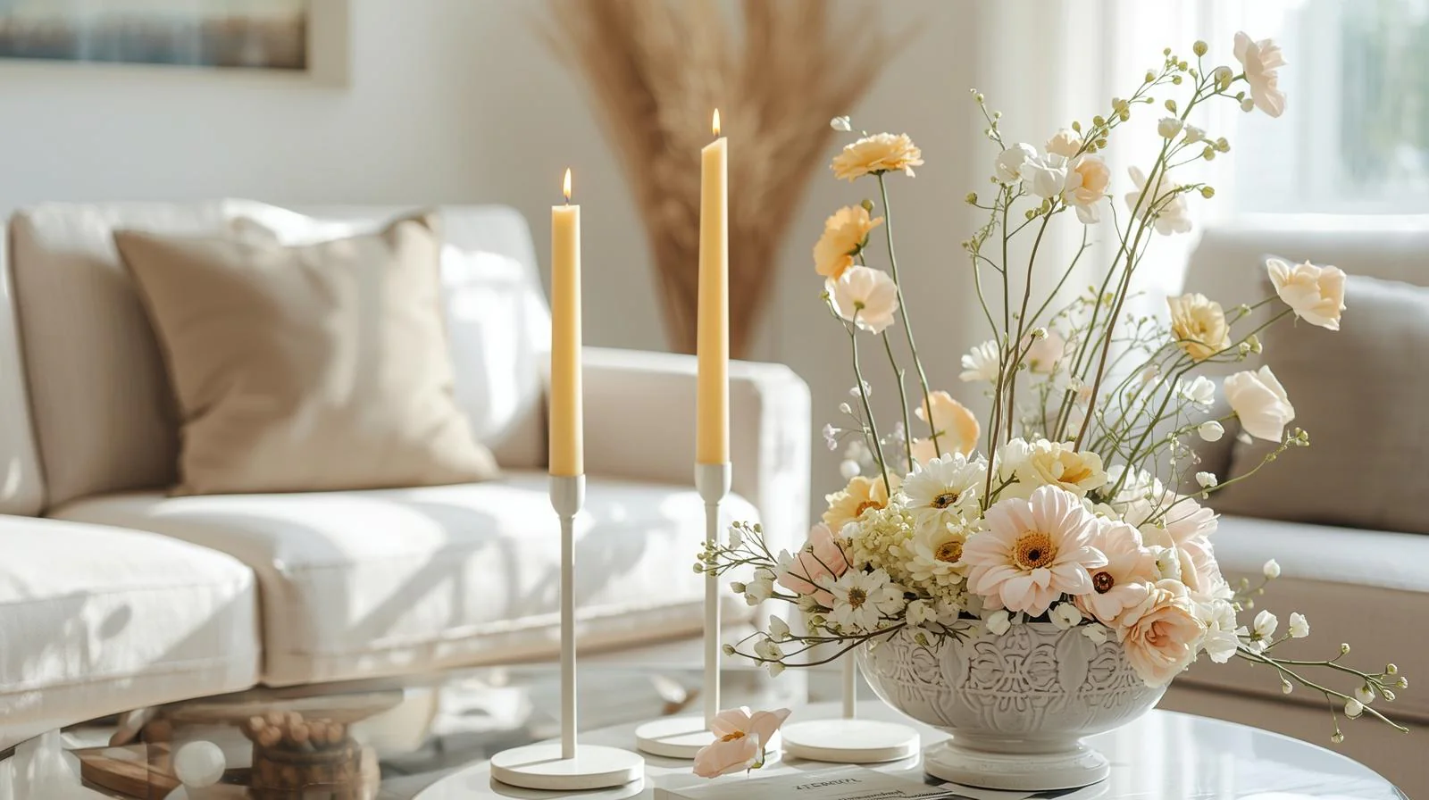 Saisonale Heimdekoration mit Bienenwachskerzen auf Haltern und Blumenarrangements