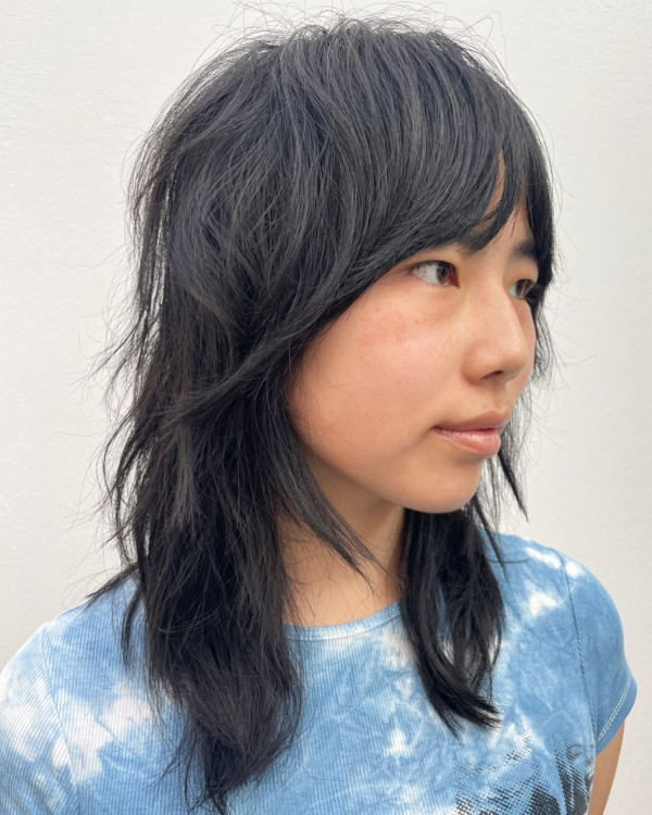 Wolfshaarschnitt mit mittlerer Länge, Shag-Haarschnitt, mittelgroßer Shag-Haarschnitt