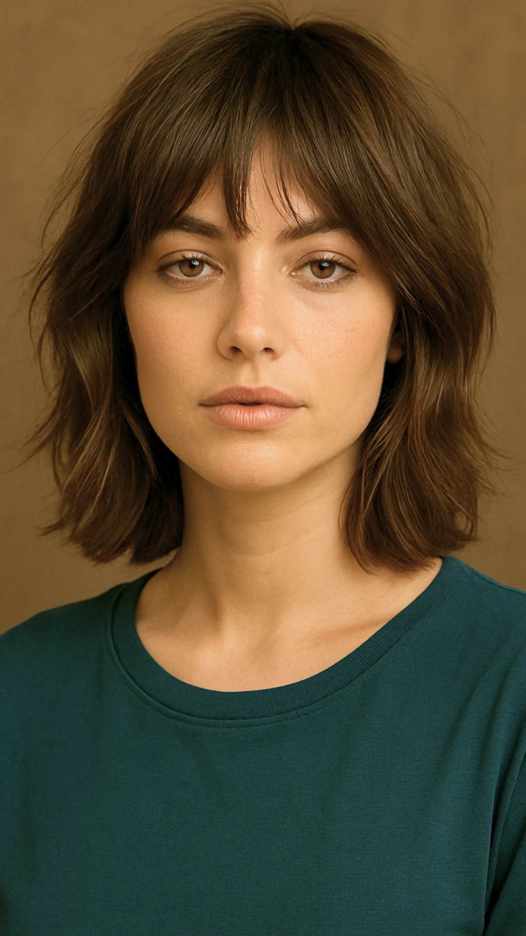 Shaggy -Schichten Haarschnitt mit Pony auf Frau im blaugrünen Hemd