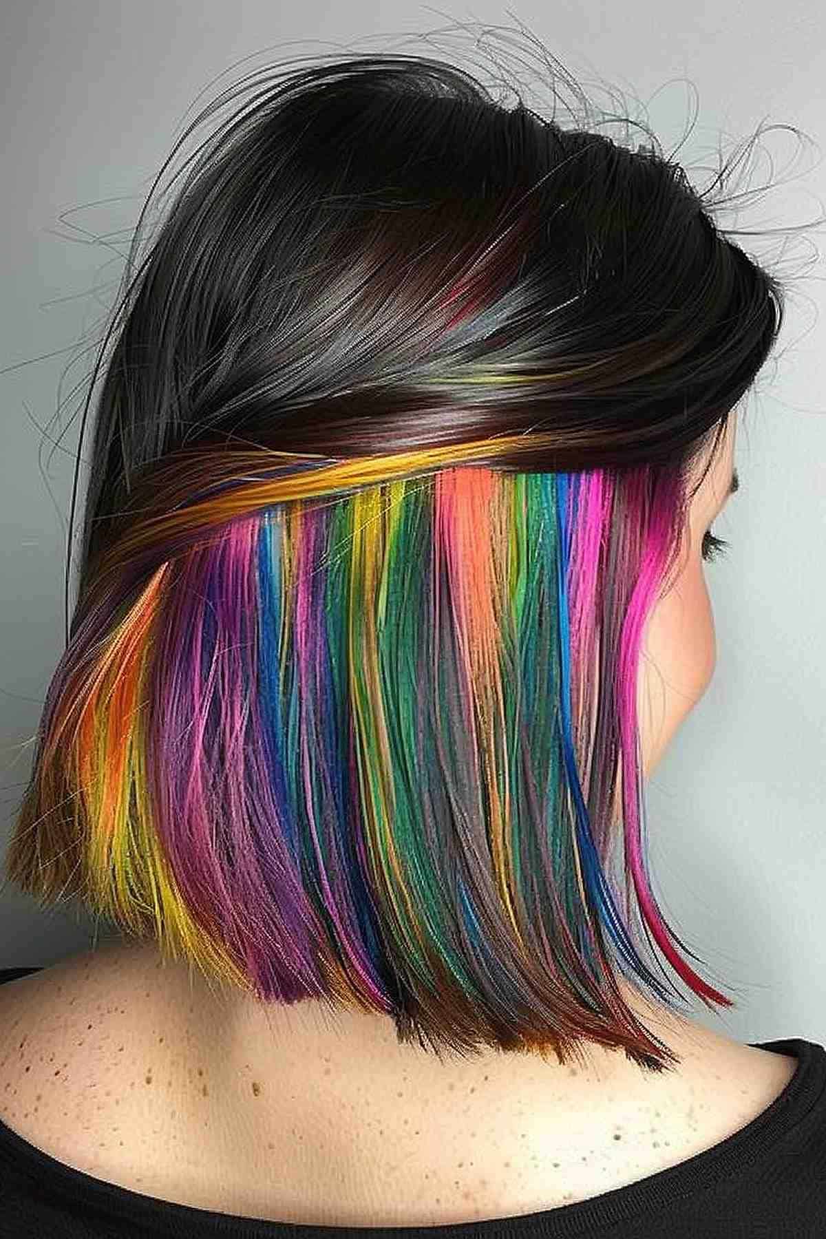Kurzer Bob mit verstecktem Regenbogen -Farbpeekaboo -Stil