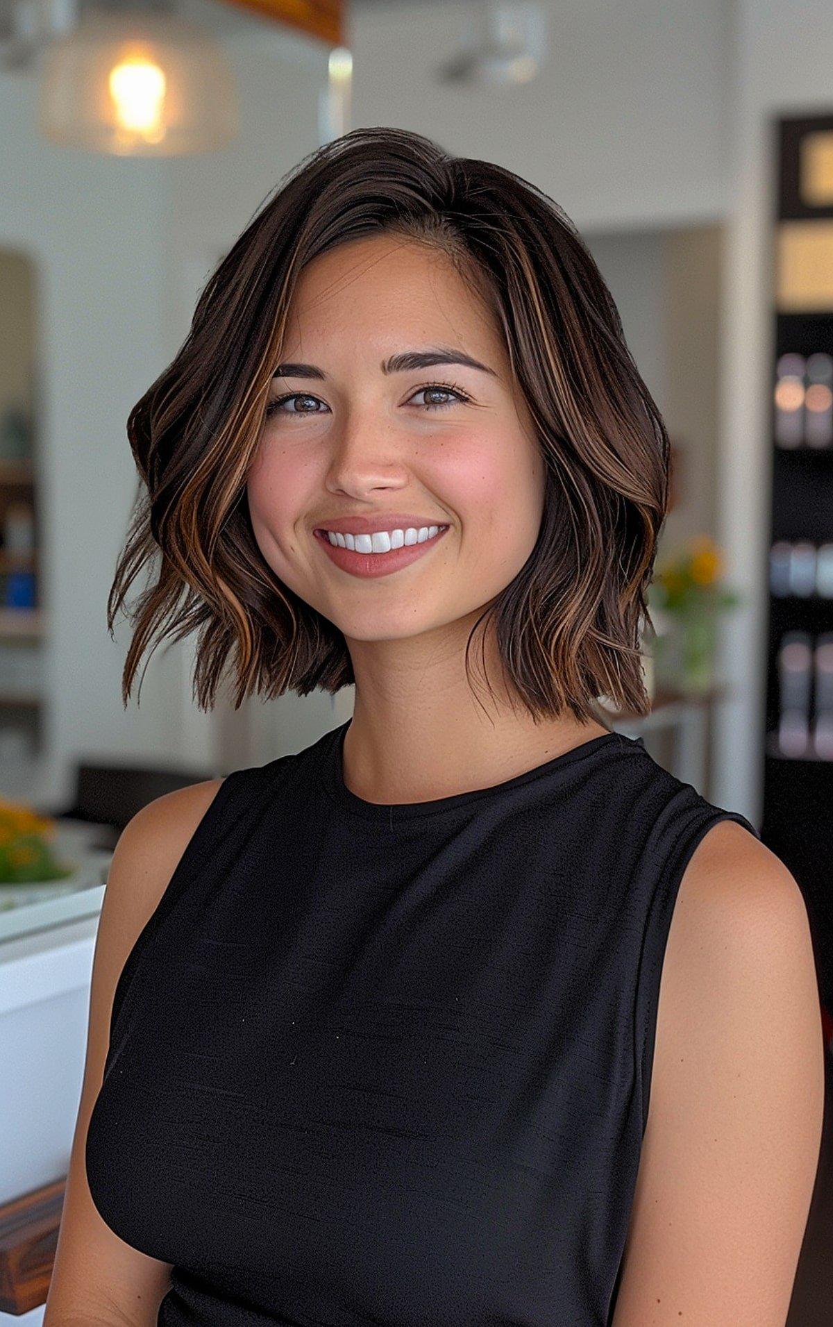 Kurze dunkelbraune Haare mit Balayage