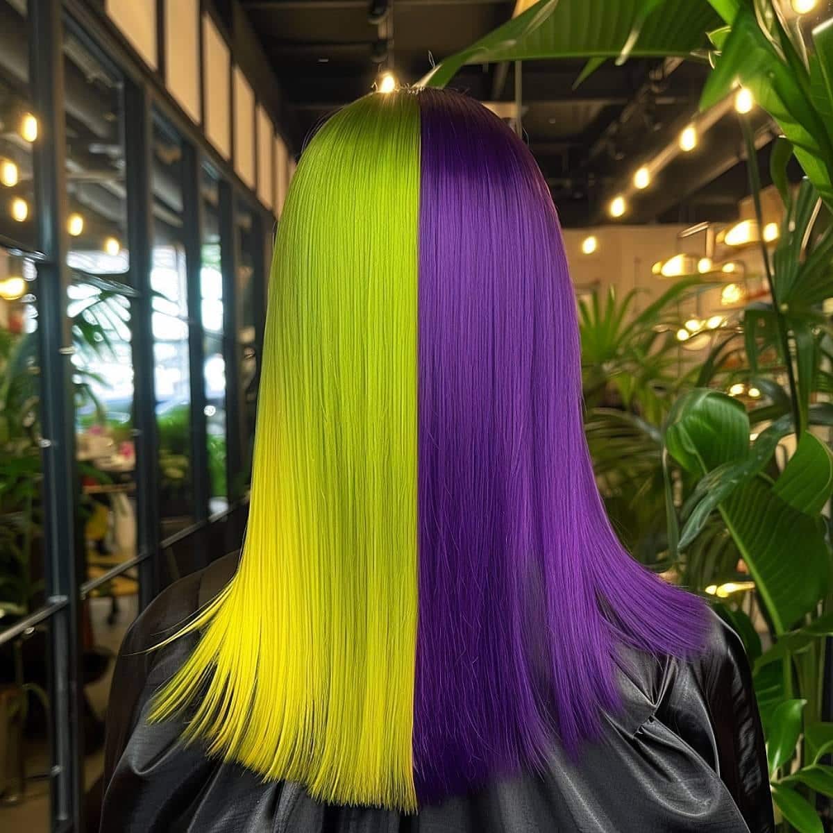 Schlankes, gerade Haare mit einem Gemini-inspirierten Übergang von lebendigem Grün zu Royal Purple.