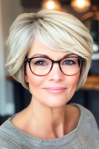 Weichlich geschichtete Pixie Bob -Haarschnitt auf einer lächelnden Frau mit blonden Haaren und Brille.