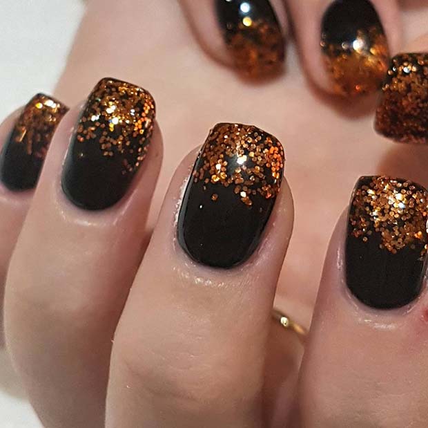 20 Nageldesign -Ideen perfekt für jede Jahreszeit perfekt Schwarze und Orangen -Glitzernägel für Winternagelideen