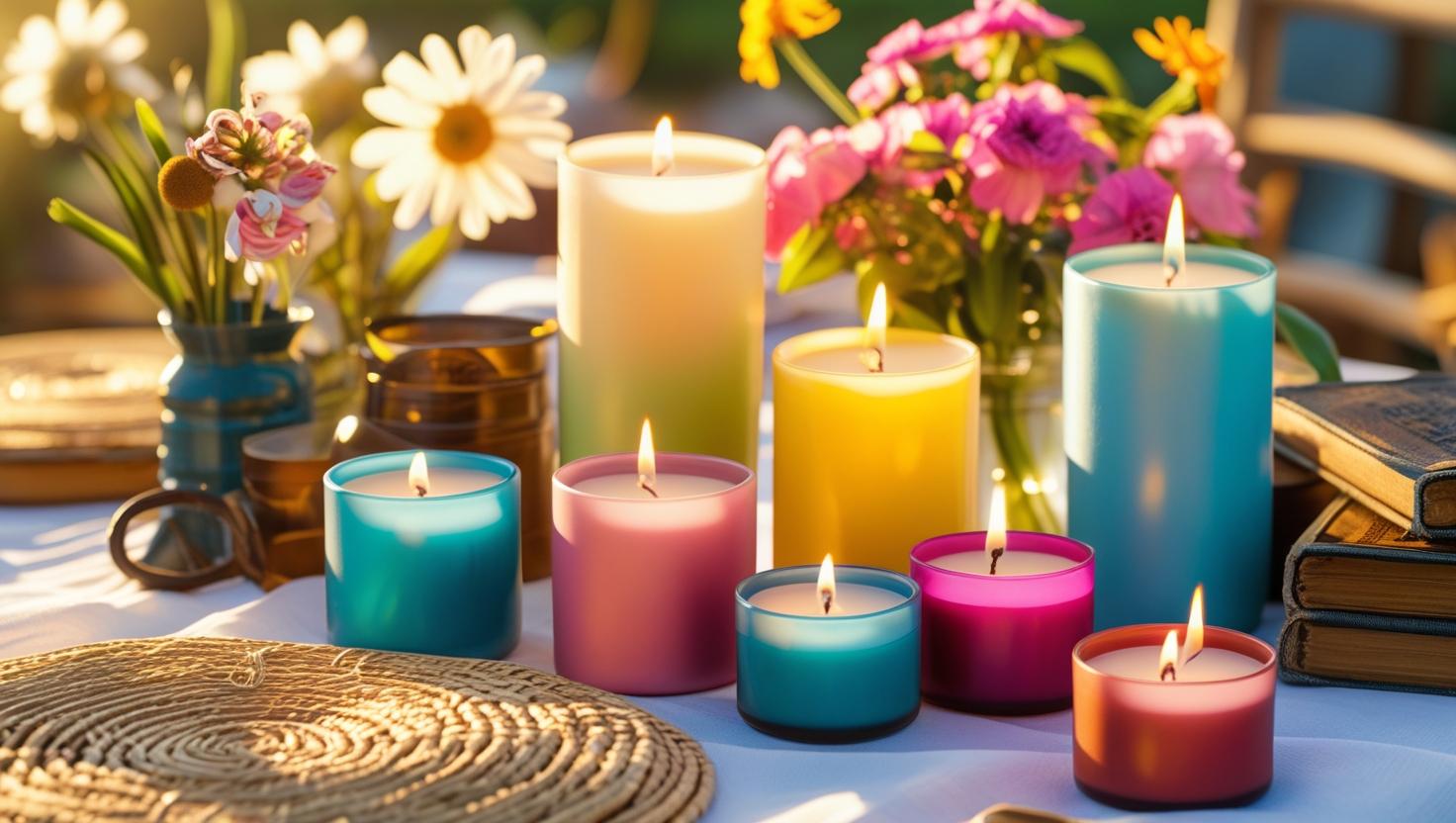 Tisch mit duftenden Kerzen in verschiedenen Größen und Farben und frischen Blumen geschmückt