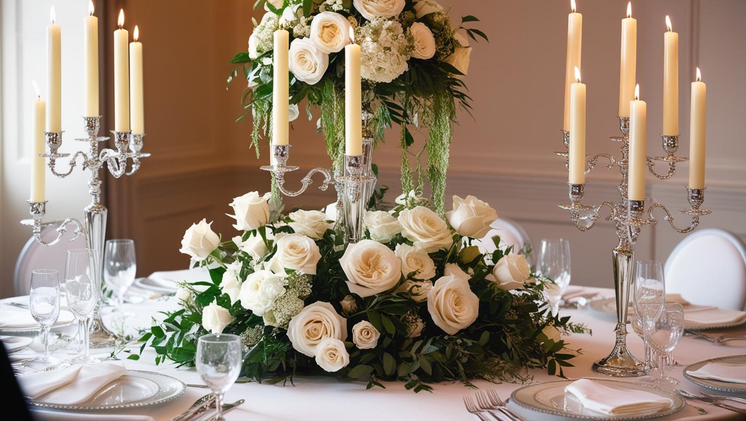 hohe Kandelaber und Blumen für Hochzeitsmittelstücke